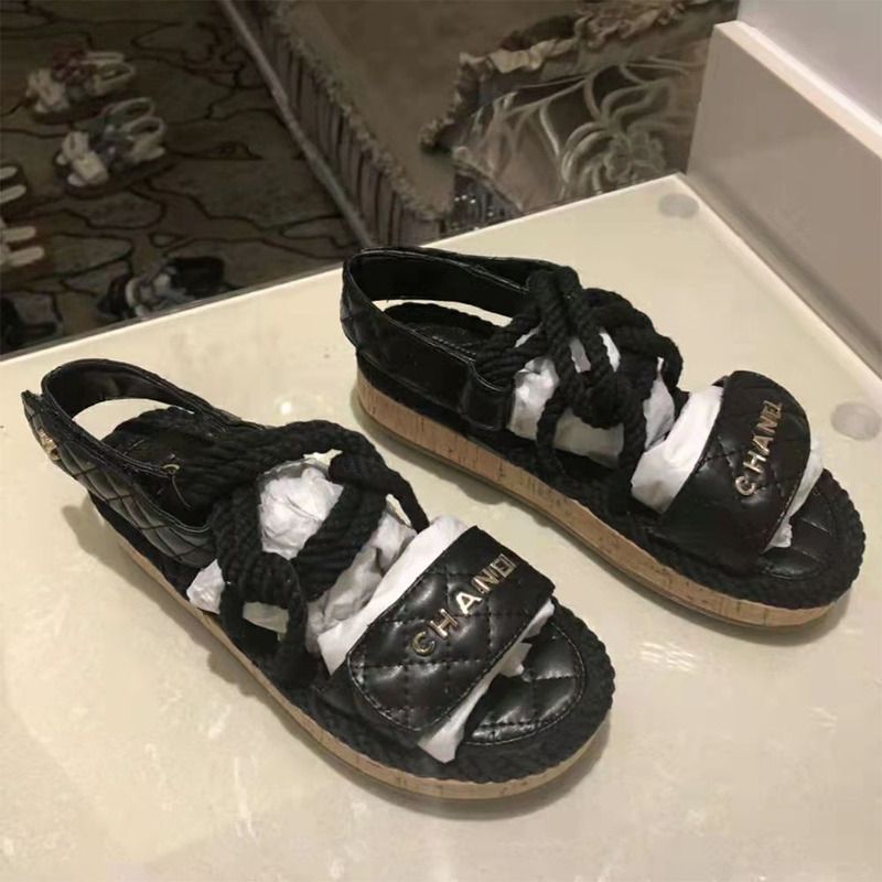 Ch*el 21s dad cord black rope quilted gold cc logo mule flat sandals