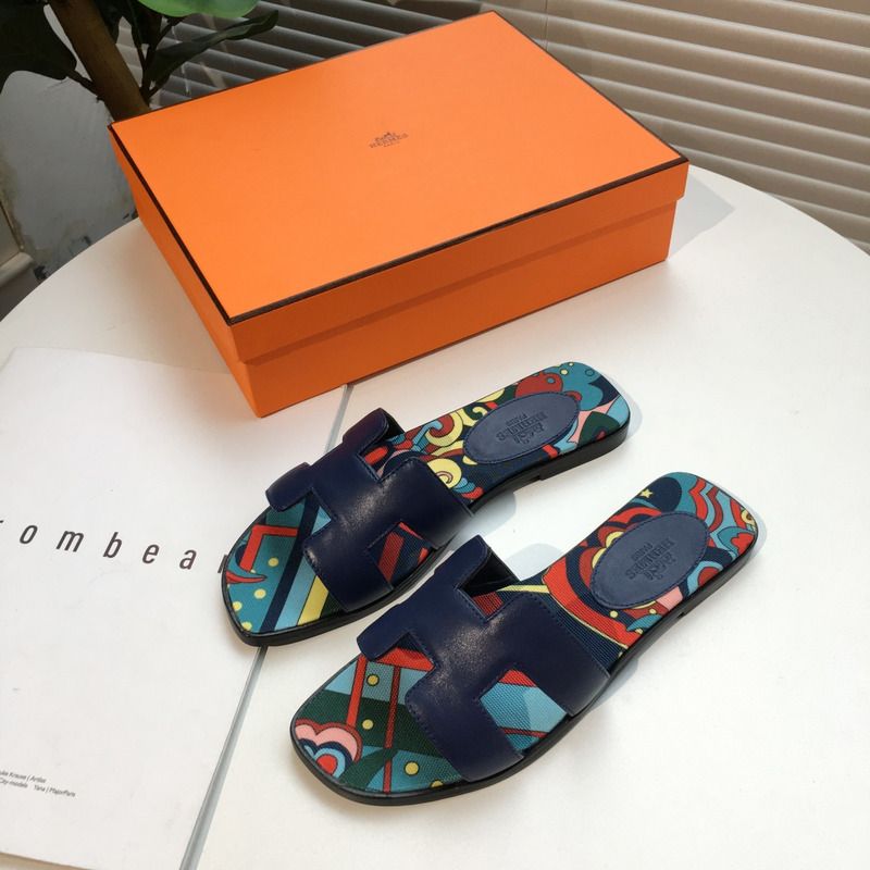 H**mes blue flats slides sandals