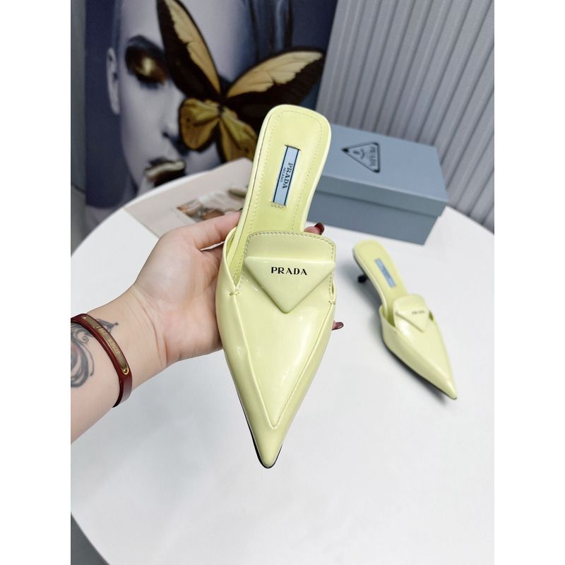 Pra*a logo patent leather pointy toe mule slide light yellow