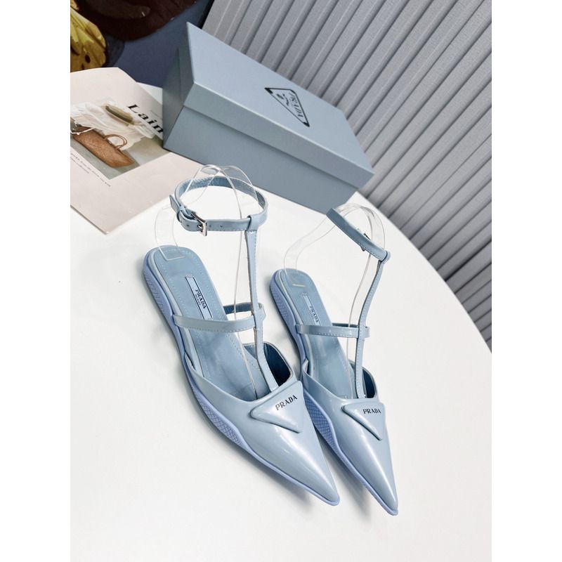 Pra*a logo patent leather pointy toe flat sandals blue