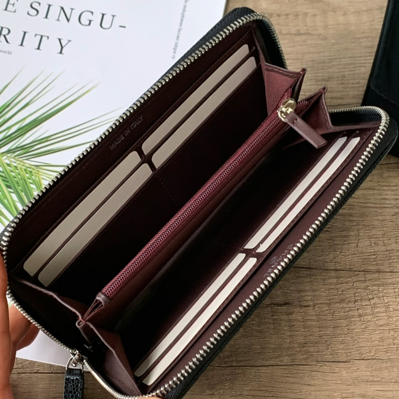 Ch*el classic long zipped wallet silver tone metal black