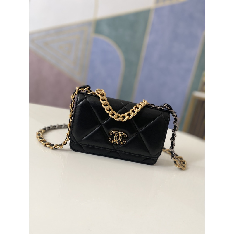 Ch*el wallet on chain gold tone silver-tone& ruthenium-finish metal black