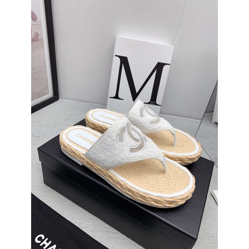 Ch*el casual style flip flops elegant style logo flat sandals white