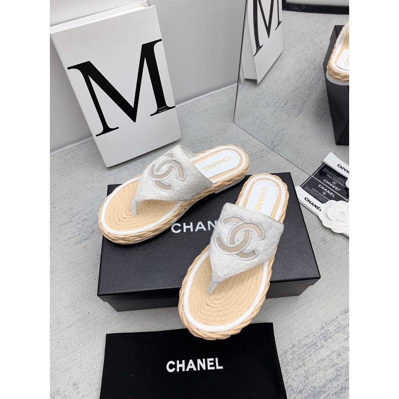Ch*el casual style flip flops elegant style logo flat sandals white