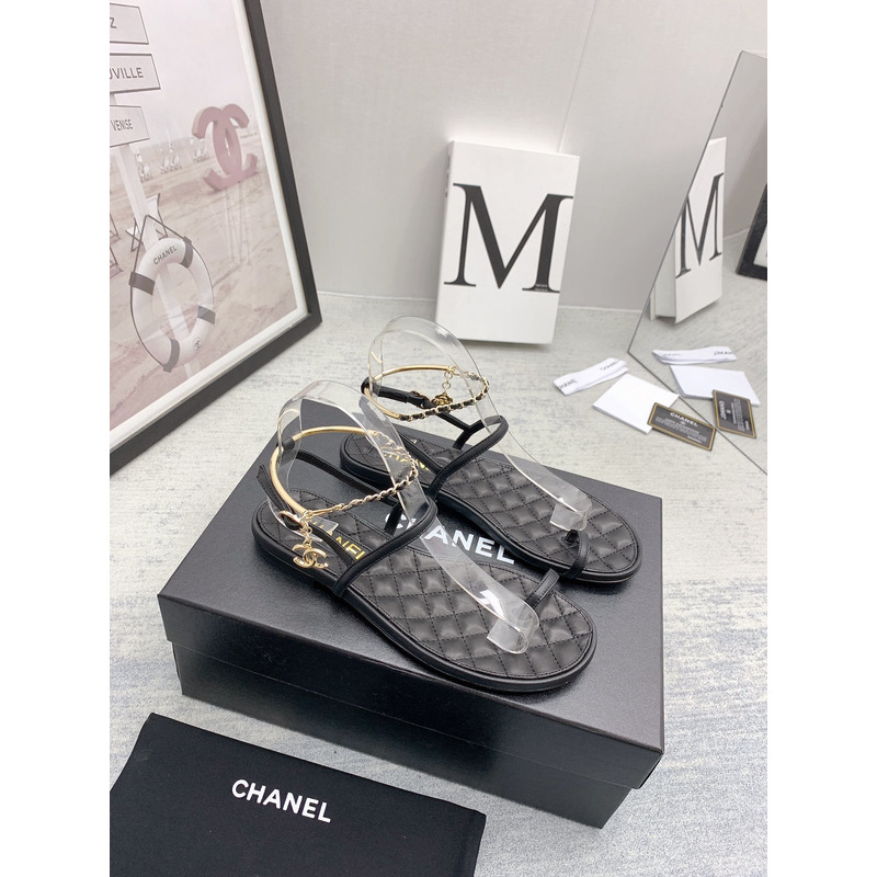 Ch*el leather quilted thong sandals black