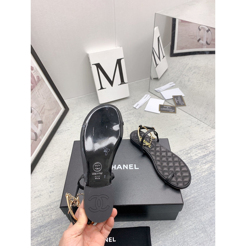 Ch*el leather quilted thong sandals black