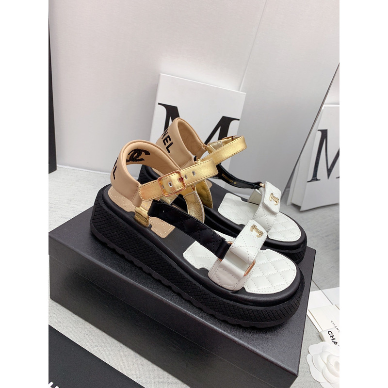 Ch*el leather sandals white&gold