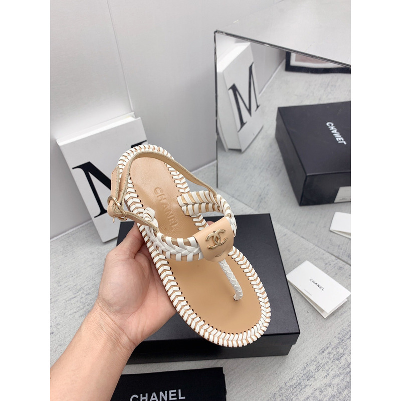 Ch*el braided flat thong sandals beige