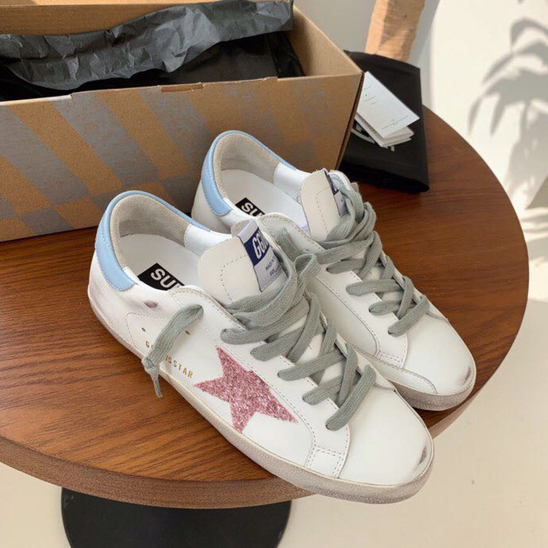 golden goose S*per-star sneakers with pink glitter and blue heel tab