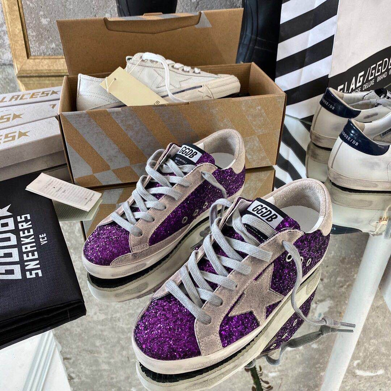 golden goose S*per-star sneakers with purple glitter and pink heel tab