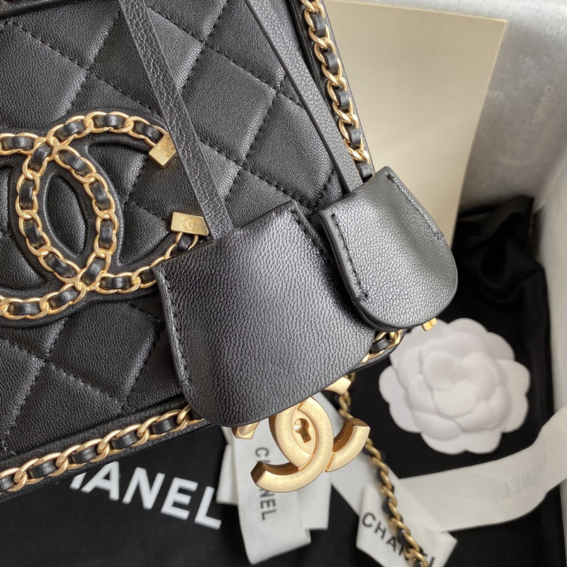 Ch*el glossy sheepskin small camera bag black
