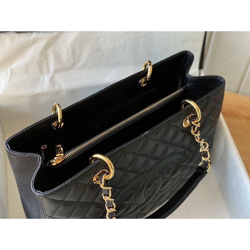 Ch*el pebbled leather gst totebag black gold
