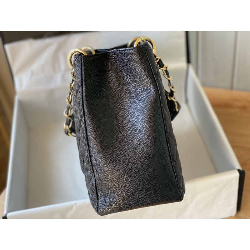 Ch*el pebbled leather gst totebag black gold