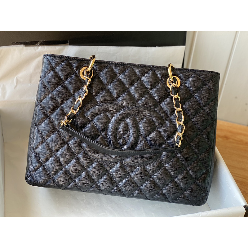 Ch*el pebbled leather gst totebag black gold