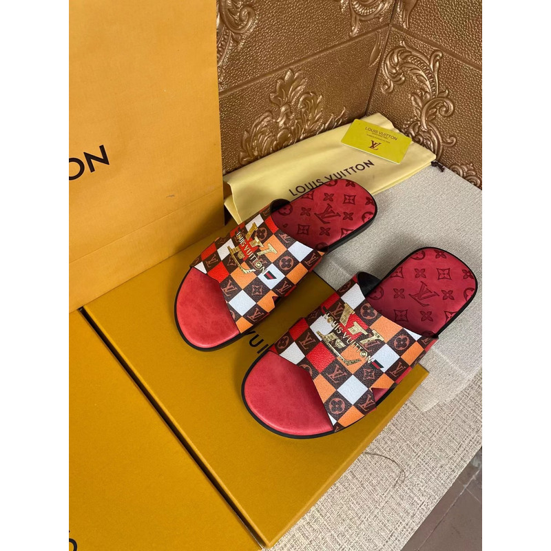 l**is V*t*n gold logo monogram mules red