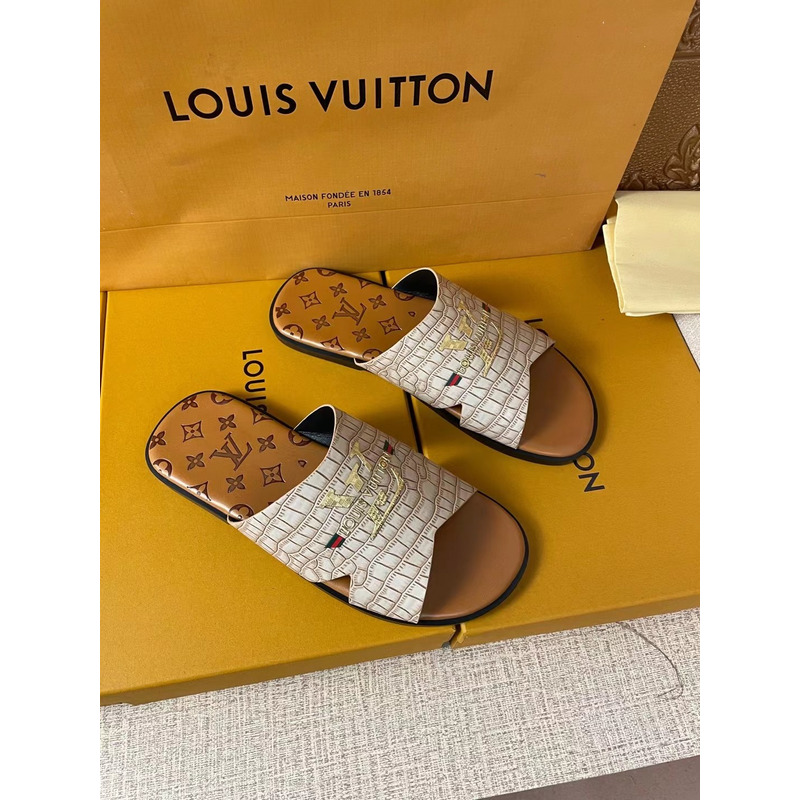 l**is V*t*n gold logo croc-embossed monogram mules white/brown