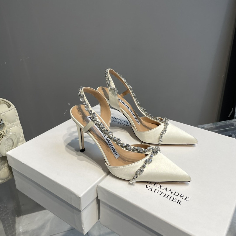 Alexandre Vauthier  Pointed Toe Rhinestone High Heels Stiletto Silk Sandals White