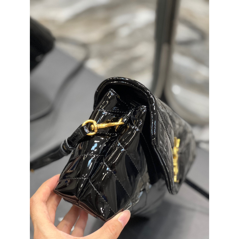 Saint Laurent Patent Leather Bag with Gold Buckle Black