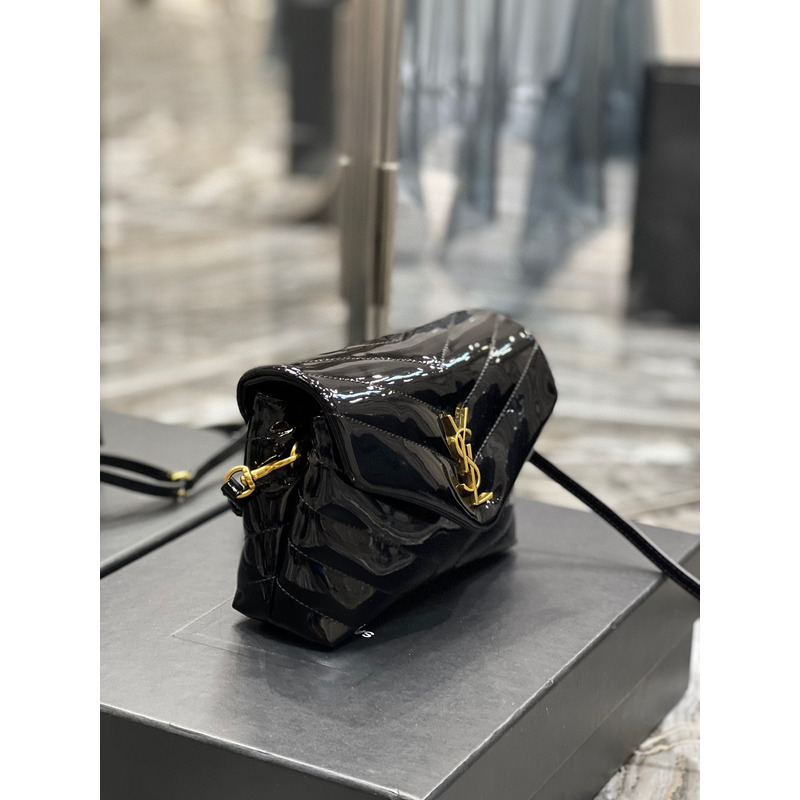 Saint Laurent Patent Leather Bag with Gold Buckle Black