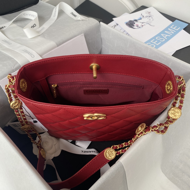 Ch*el hobo handbag lambskin & gold-tone metal red