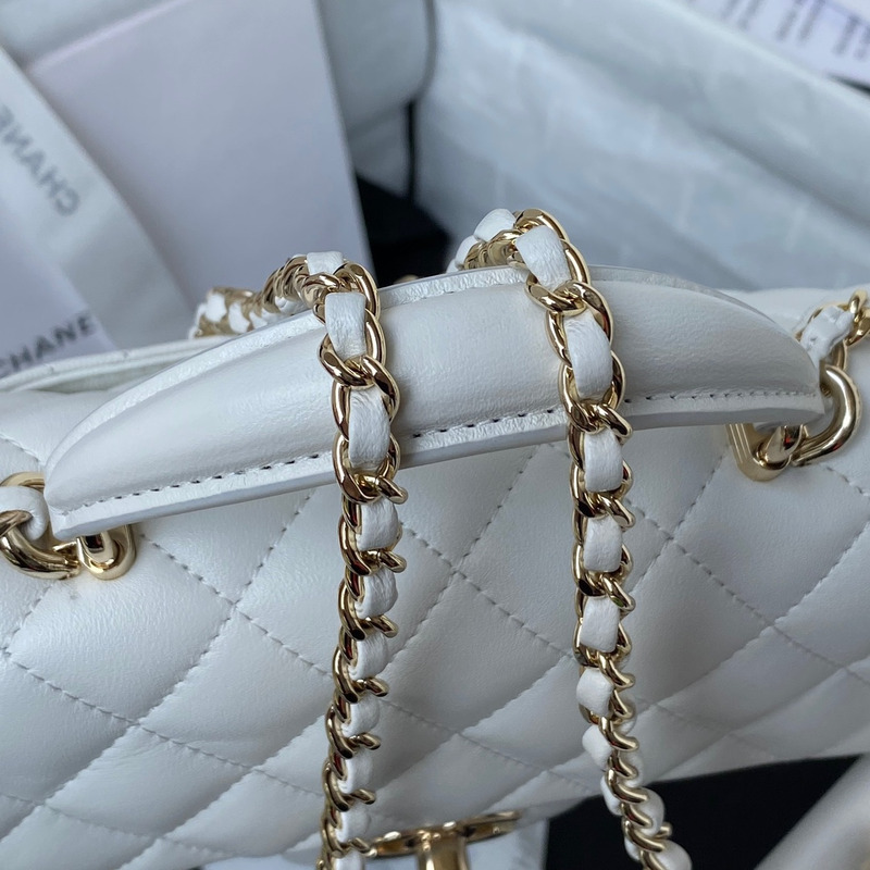 Ch*el mini flap bag with top handle lambskin & gold-tone metal white