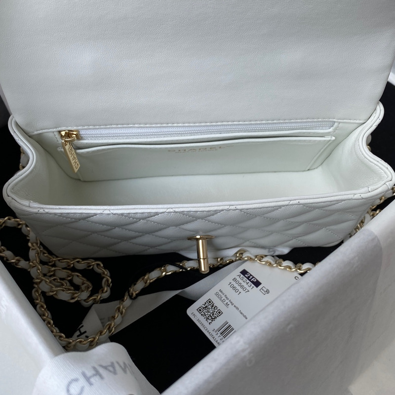 Ch*el mini flap bag with top handle lambskin & gold-tone metal white