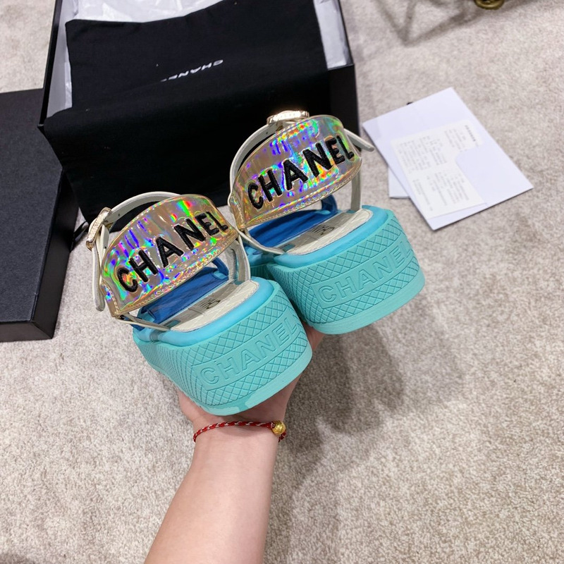 Ch*el open toe platform plain block heels blue/white