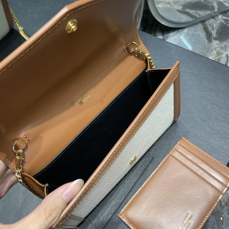 Saint Laurent Uptown Chain Wallet Bag Canvas Beige & Brown