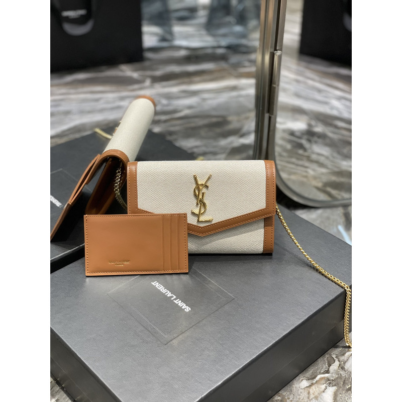 Saint Laurent Uptown Chain Wallet Bag Canvas Beige & Brown