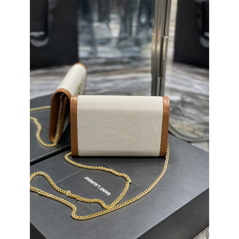 Saint Laurent Uptown Chain Wallet Bag Canvas Beige & Brown