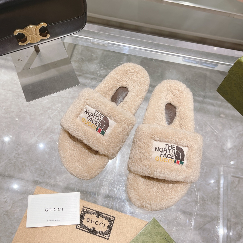 g*u*i x the n0*h F**e shearling slides beige