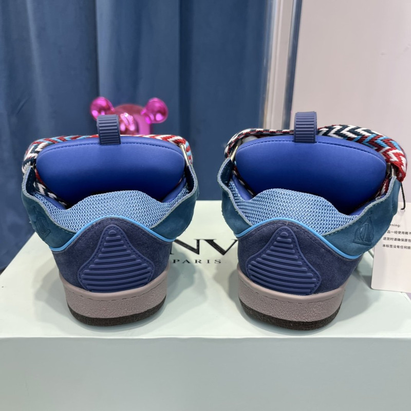 Lanvin Curb Leather Sneakers With Multicolor Laces in Dark Blue
