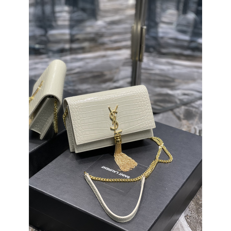 Saint Laurent Monogram Grain de Poudre Crossbody Bag White