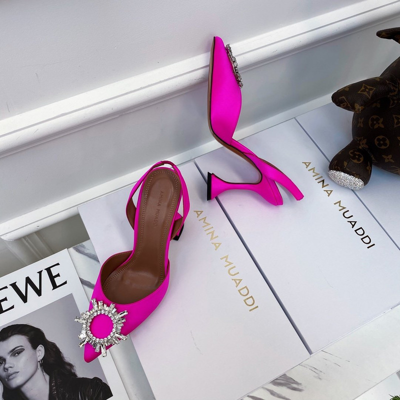 Amina Muaddi Begum Crystal Satin Pink Slingback Pumps
