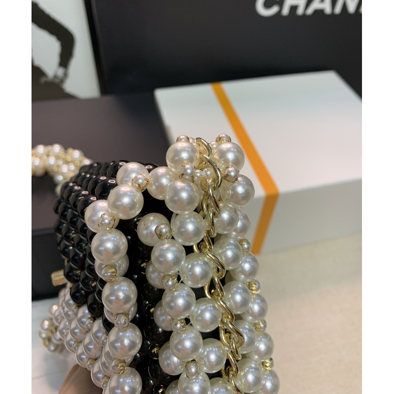 Ch*el handmade imitation pearl woven bag black and white