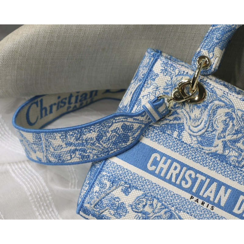 D*or  lady d-lite bag toile de jouy reverse embroidery in fluorescent blue