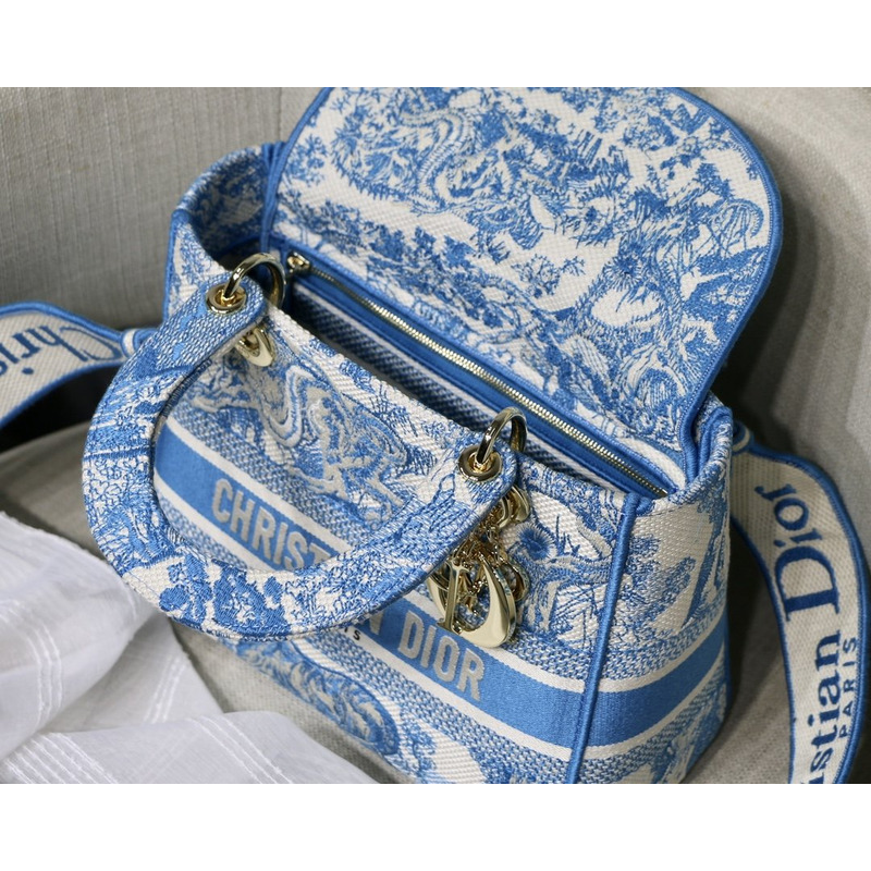 D*or  lady d-lite bag toile de jouy reverse embroidery in fluorescent blue