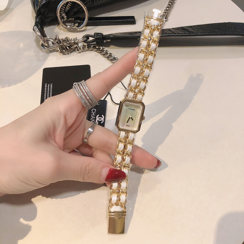 Ch*el premiere rock quartz plated metal and leather watch yellow