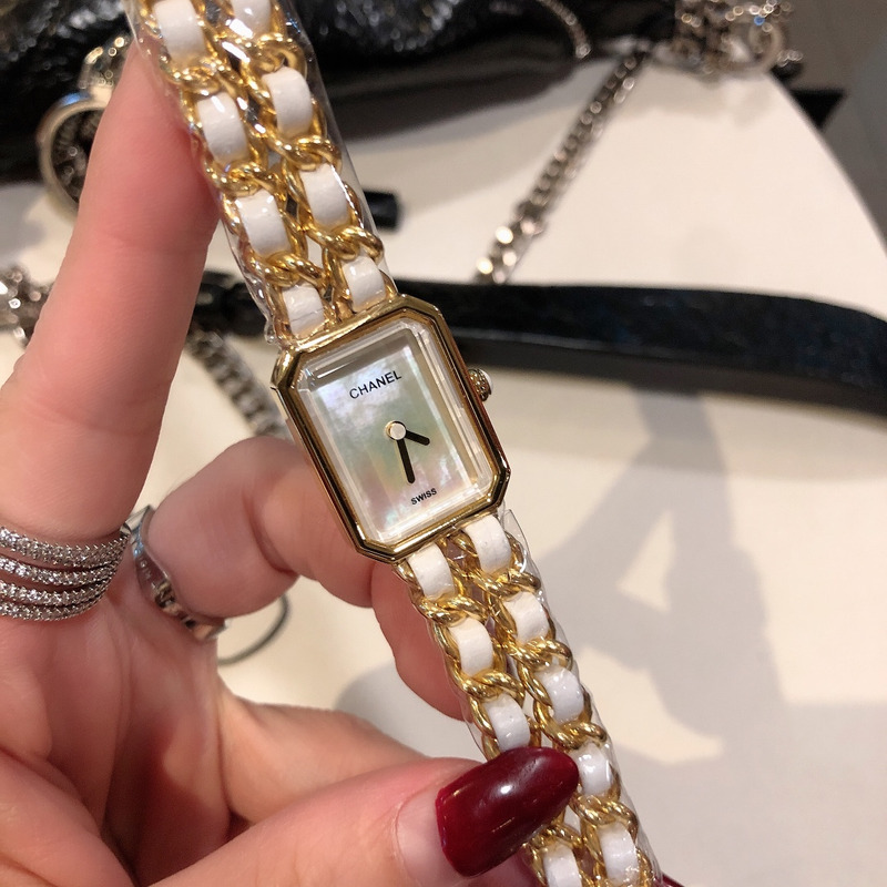 Ch*el premiere rock quartz plated metal and leather watch yellow