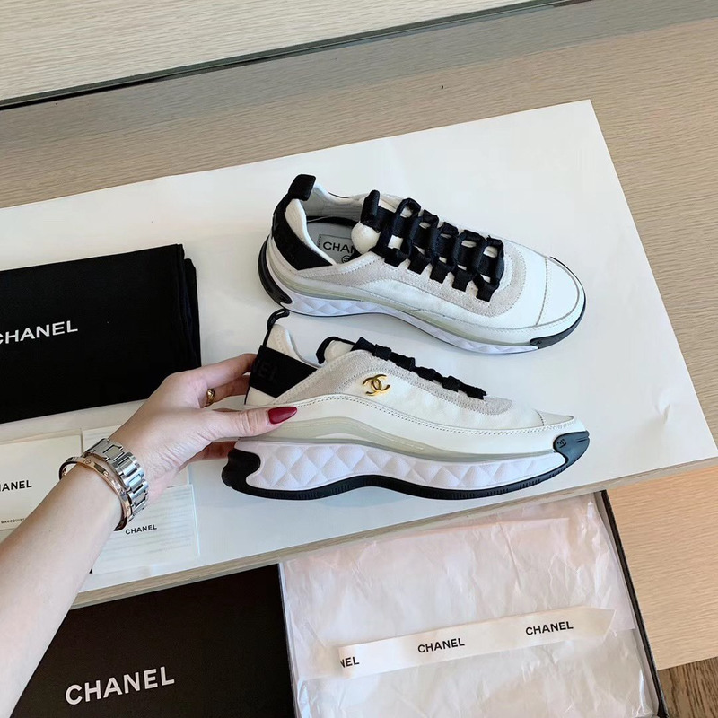 Ch*el velvet calfskin mixed fibers cc sneakers ivory black