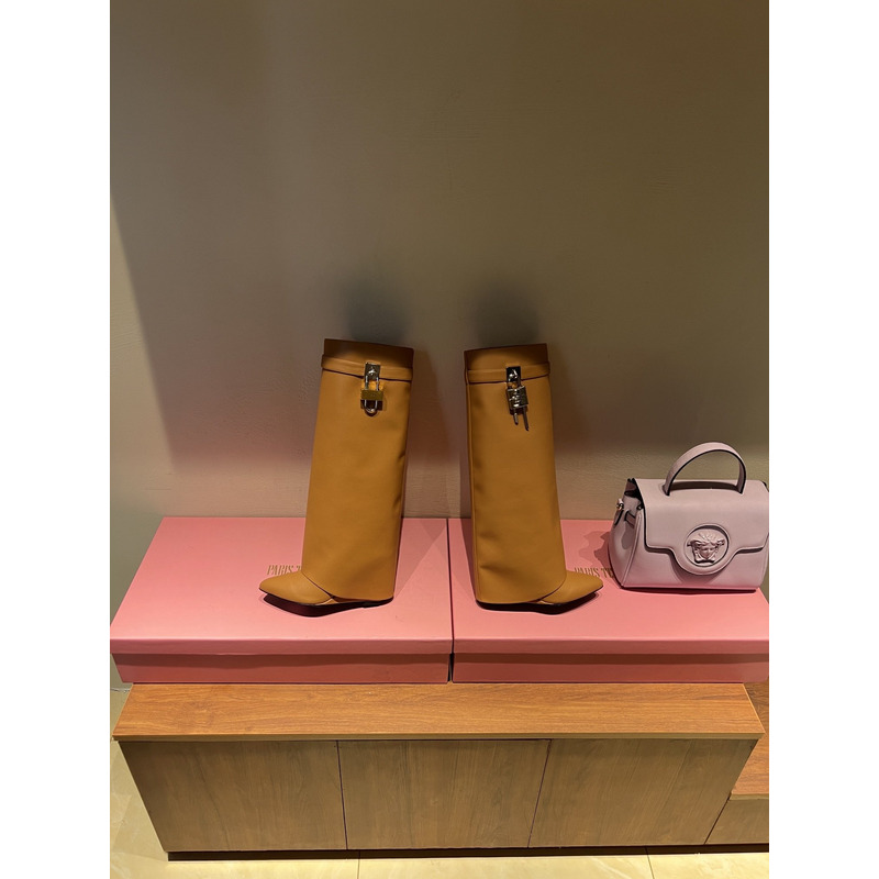 Givenchy Shark Lock Leather Knee High Boots Brown
