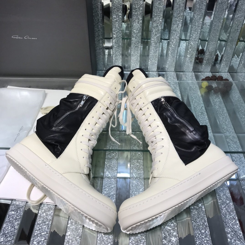 Rick Owens Cargo Basket High-Top Leather Sneakers White and Black
