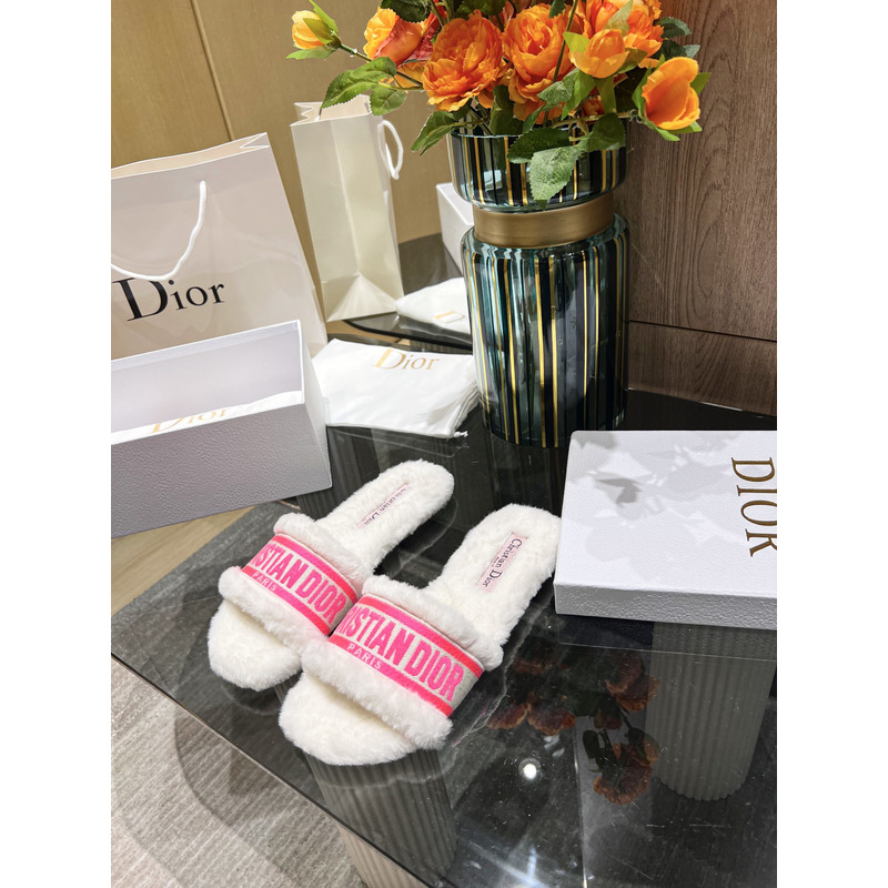 D*or chez moi slides embroidered cotton and shearling bright pink
