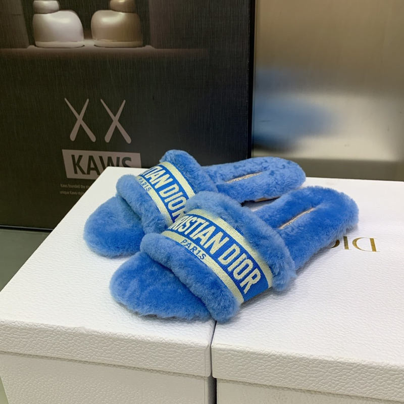 D*or chez moi slides embroidered cotton and shearling bright blue
