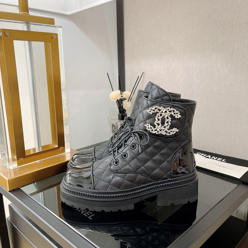 Ch*el cc chain quilted lambskin and calfskin lace up boots black