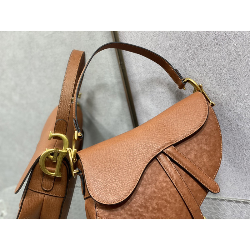 D*or saddle bag with strap cognac-colored grained calfskin