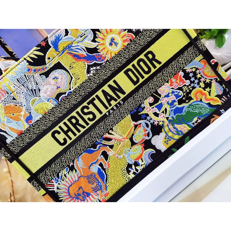 D*or canvas embroidered medium book tote black multicolor