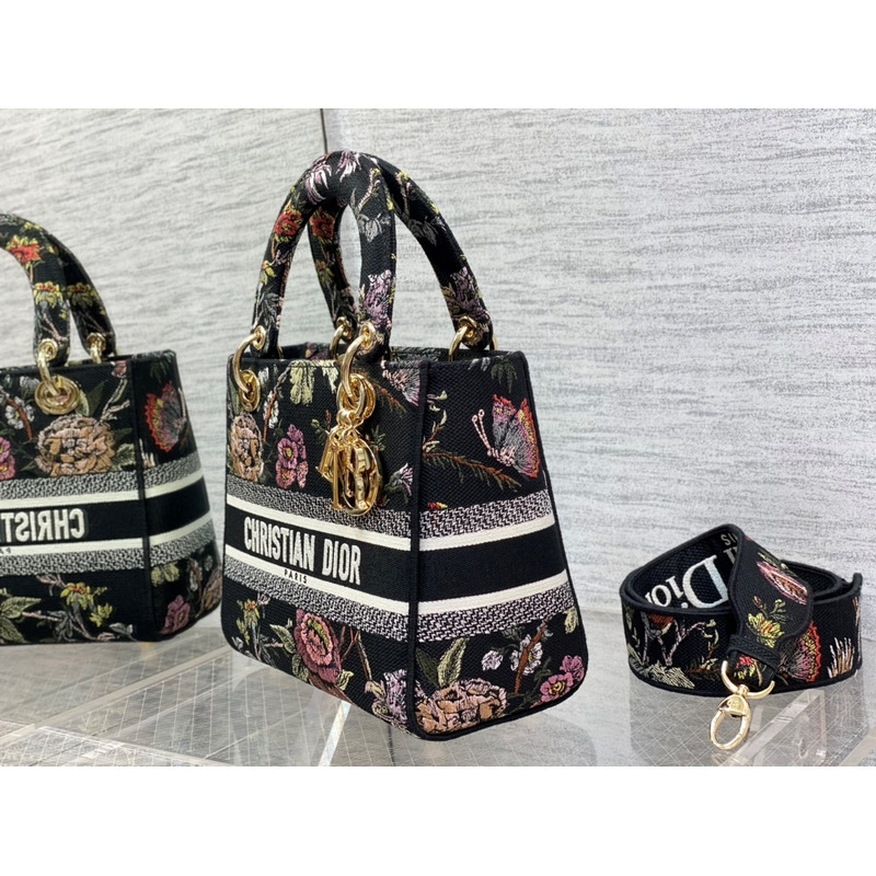 D*or medium lady d-lite bag black multicolor D*or jardin botanique embroidery