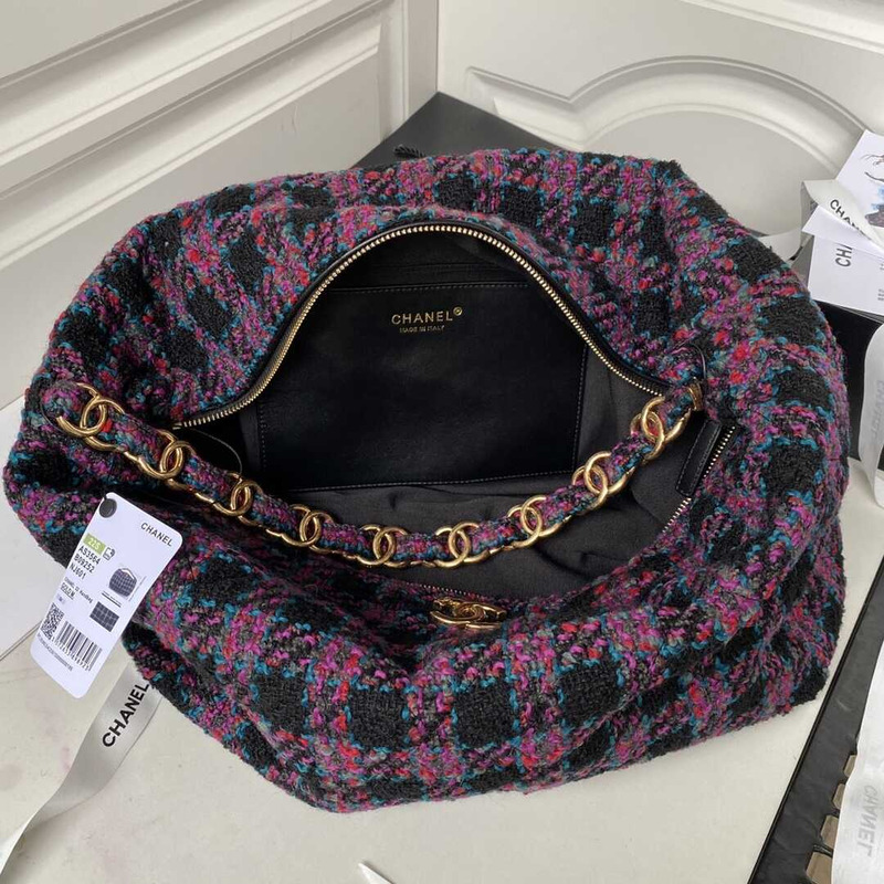 Ch*el oversized hobo bag wool twill & gold-tone metal black and red