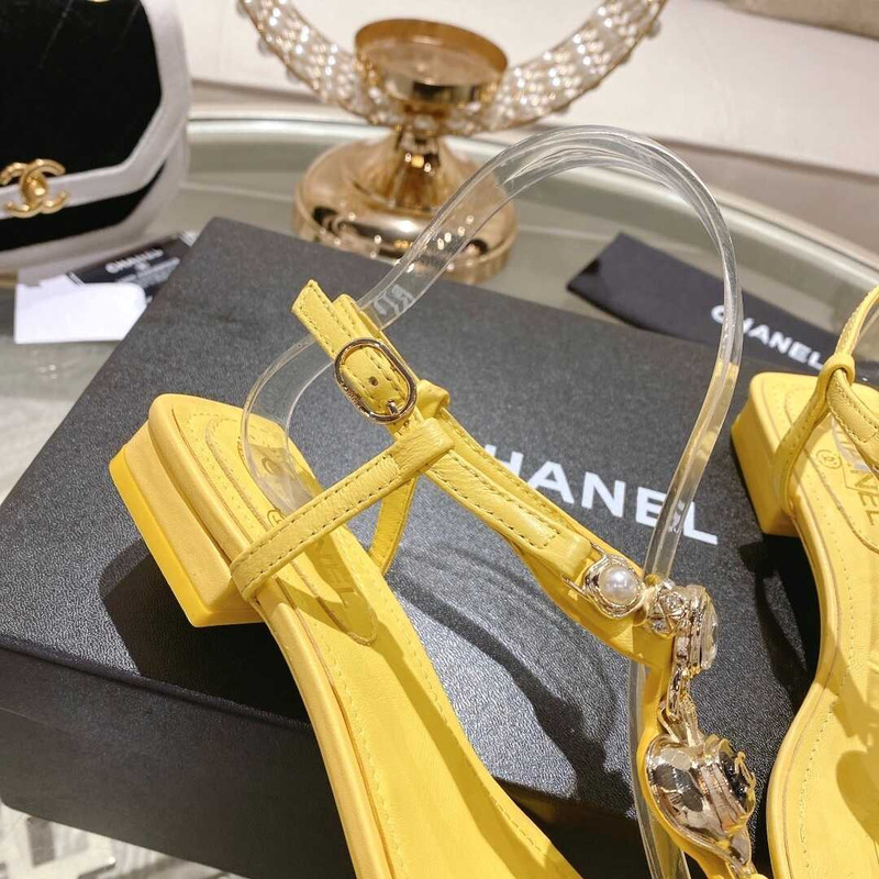 Ch*el lambskin metal diamanté & imitation pearls sandals yellow